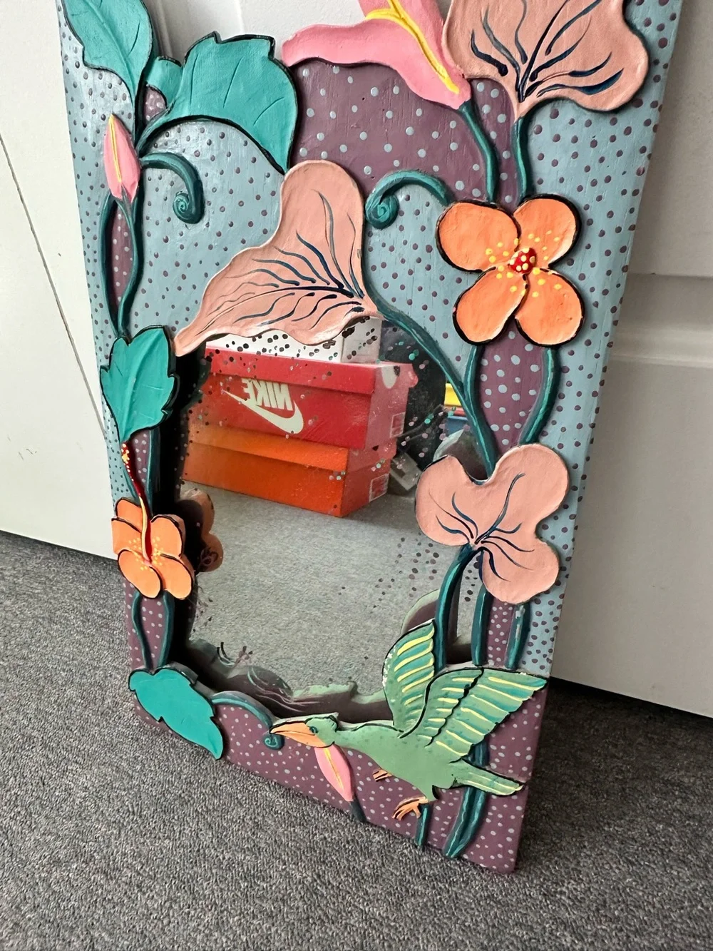 Vintage 1980s Handcrafted Framed Mirror with 3D Painted Tropical Flowers & Bird